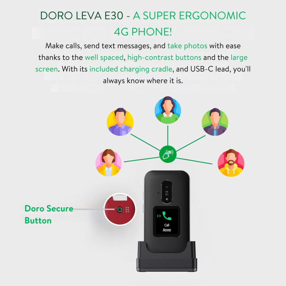 Мобильный телефон-раскладушка Doro Leva E30 4G для пожилых людей, 2.8