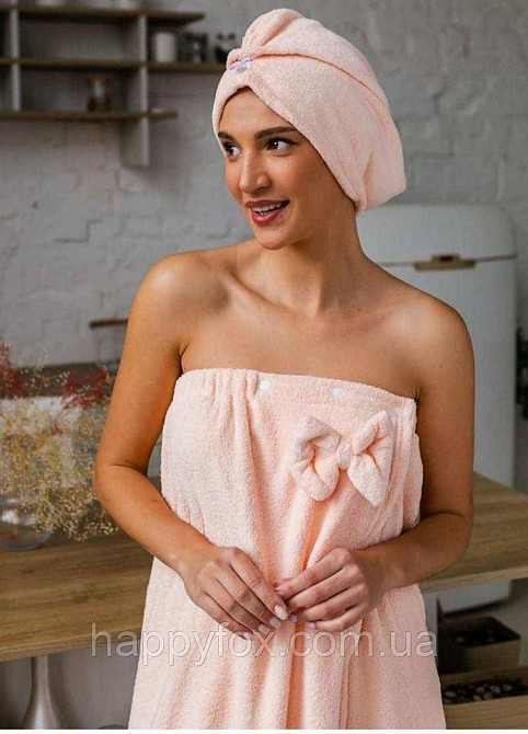 Набір жіночий рушник-халат із чалмою шапкою Бантік, Мікрофібра, 140*80 Сірий Львів - фото 1