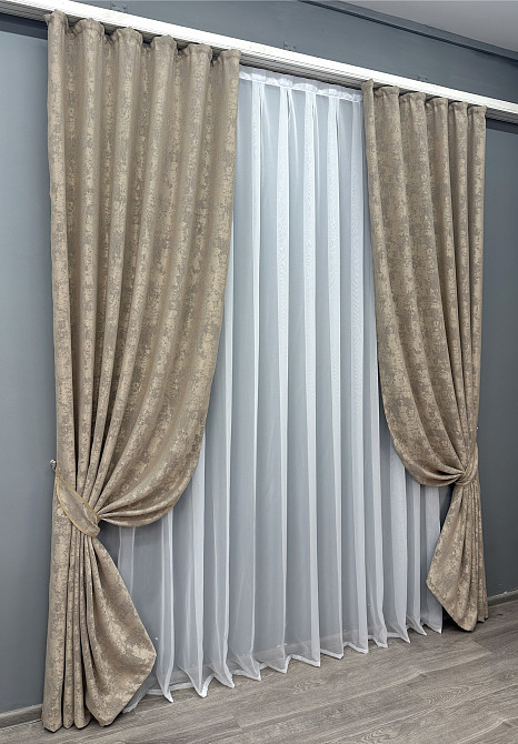 Комплект готовых штор VR-Textil Жаккард Sultan YL № 1208ш Бжево-серый 100х270 см 2 шт (31-537) Киев - изображение 3