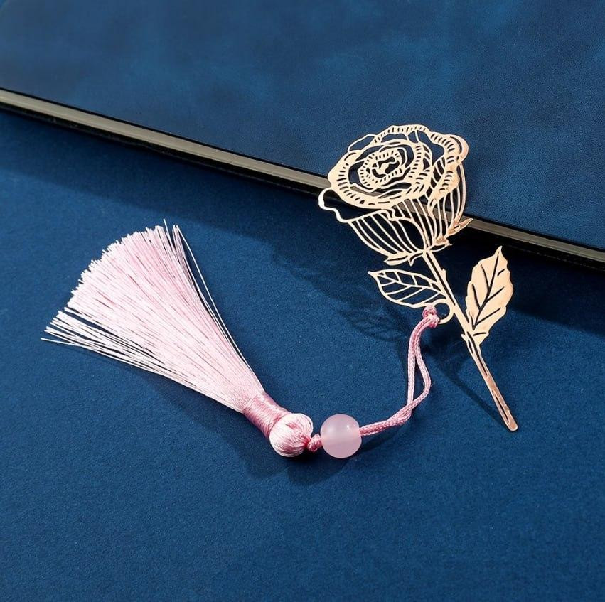 Элегантная закладка из нержавеющей стали «Роза» с розовой китицей | Металлическая закладка для книги Киев - изображение 1