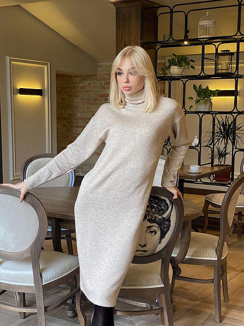 Тепле ангорове плаття міді з високим коміром "Amina" оптом | Норма Бежевий, 46-48 Київ - фото 3