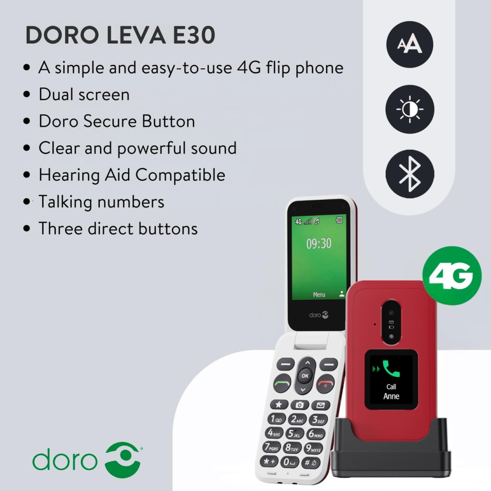 Мобильный телефон-раскладушка Doro Leva E30 4G для пожилых людей, 2.8