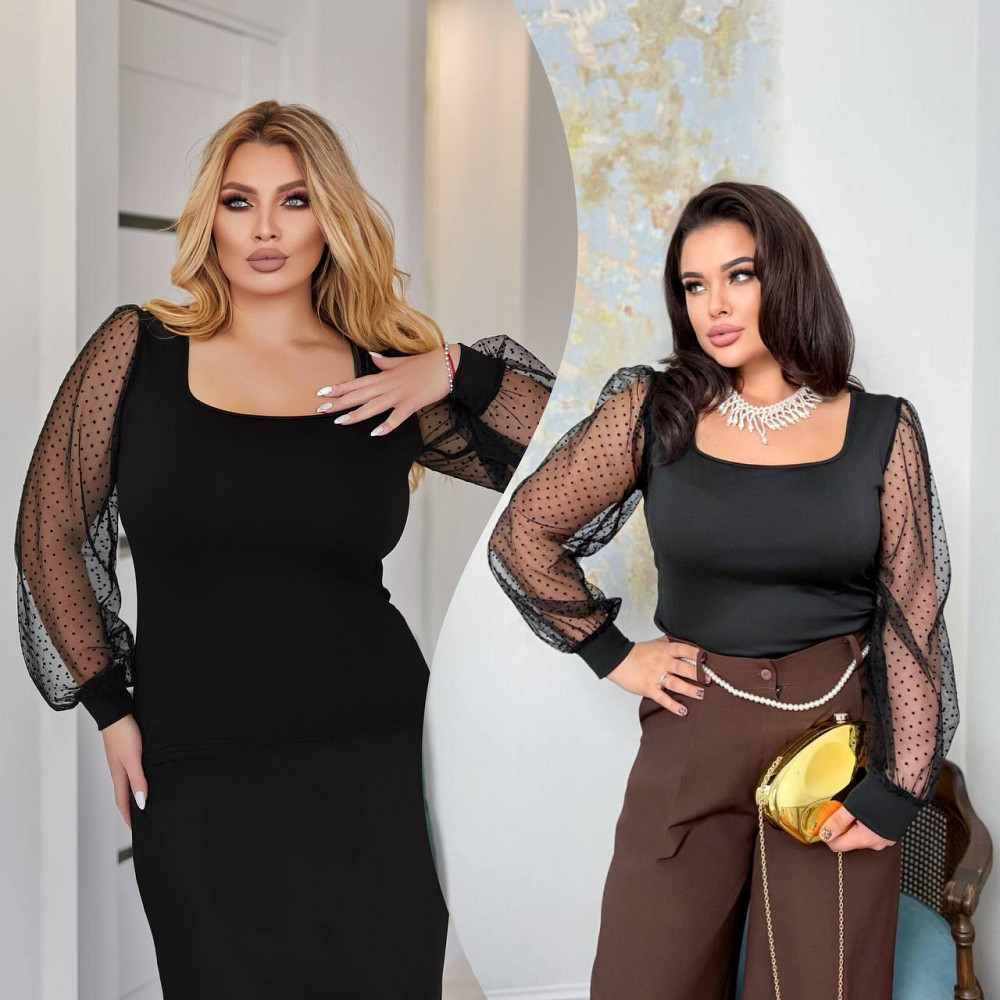 Жіноча блуза батал з декольте і пишними рукавами  із ніжної сіточки в горошек мікродайвінг Одеса - фото 10