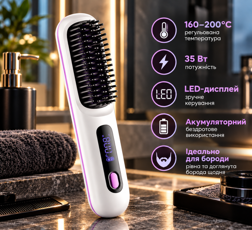 Аккумуляторная расческа-выпрямитель для бороды, 35 Вт, 160–200°C, LED-дисплей, белая Киев - изображение 3