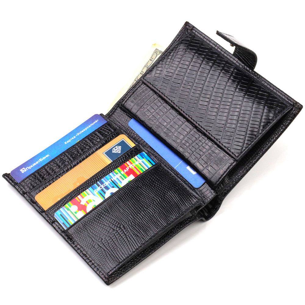 Фактурний вертикальний чоловічий гаманець середнього розміру з натуральної шкіри з тисненням CANPELLINI 21859 Чорний Київ - фото 5