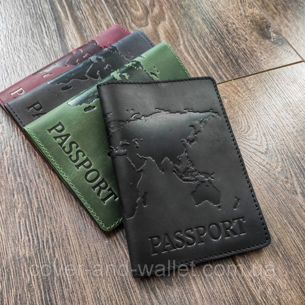 Шкіряна обкладинка на паспорт з тисненням карта світу ST Leather (чорна) Київ - фото 1