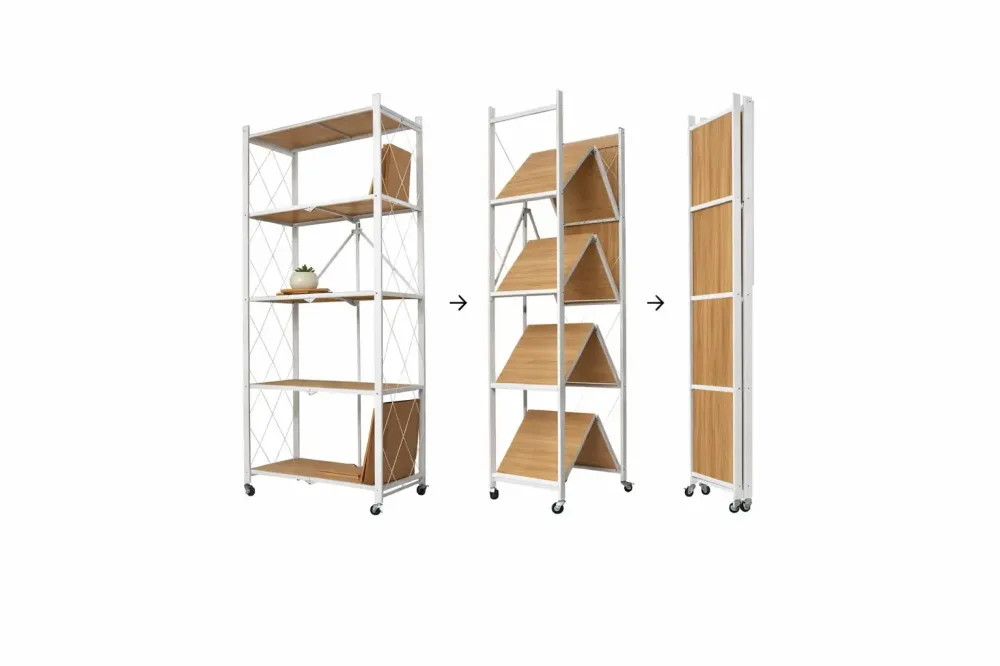 Стеллаж мобильный пятиярусный универсальный складной из нержавеющей сталис деревянными полками Коломия - фото 2