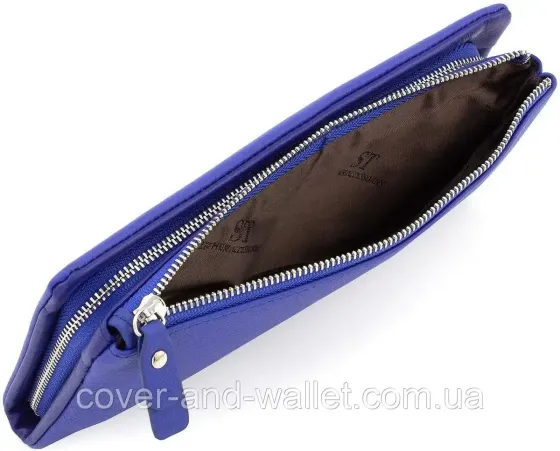 Красивый пудровый женский кожаный кошелёк на две молнии ST 022 Голубой Киев