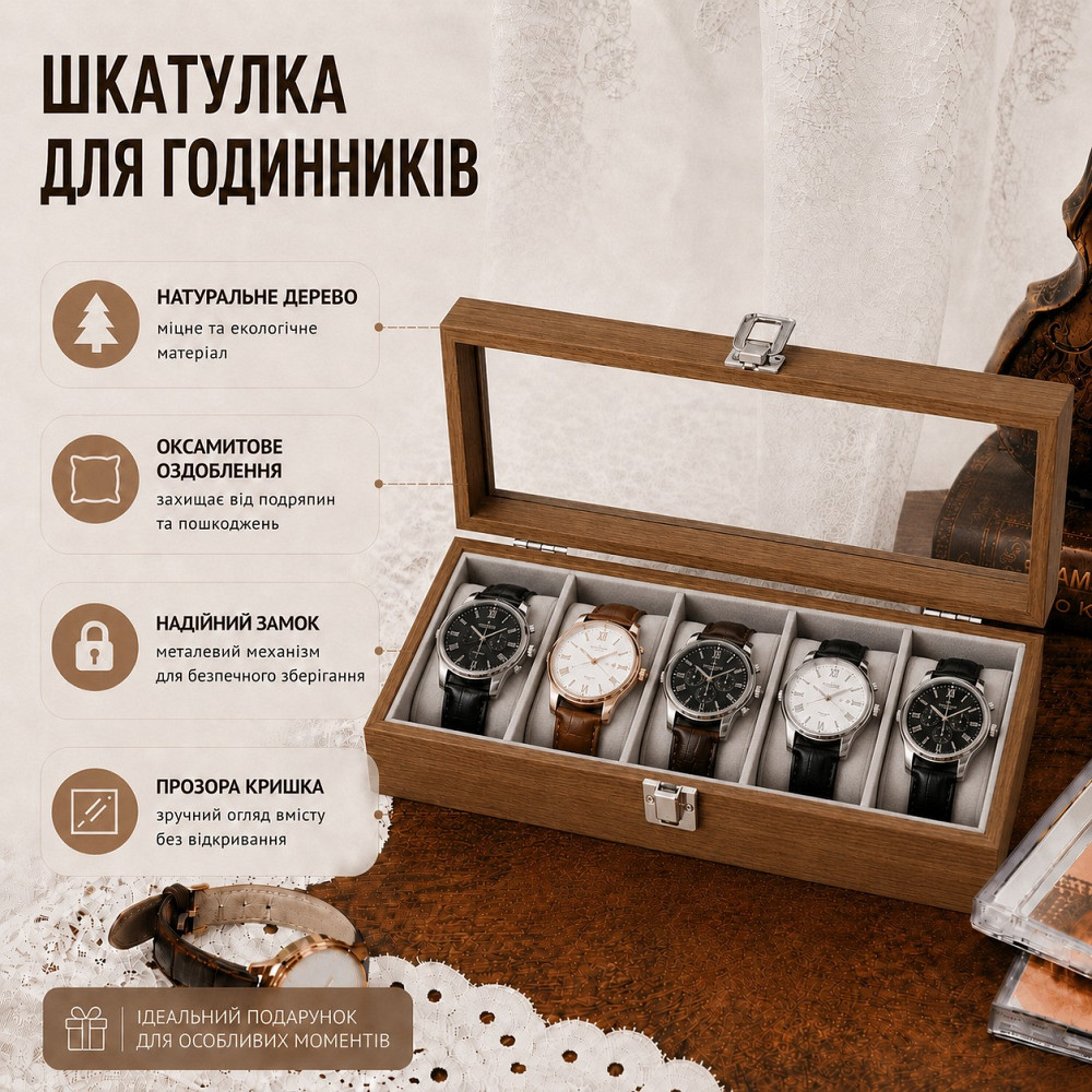 Футляр для зберігання годинників на 5 відділень, дерев'яний із прозорим віконцем, скринька-органайзер для наручних годинників Кам'янець-Подільський - фото 3