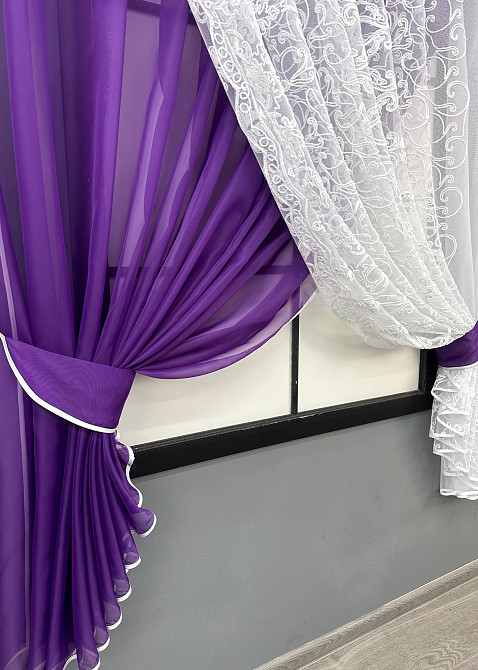Кухонні шторки VR-Textil № 101к з підв'язками фіолетовий з білим 330х170 см (52-1199) Київ - фото 5