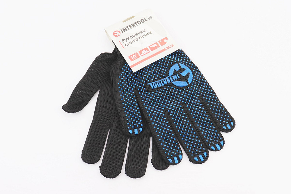 Рукавиці робочі 100% поліестер 10", клас в'язки 7, чорний, синя ПВХ точка SP-0104 Київ - фото 1