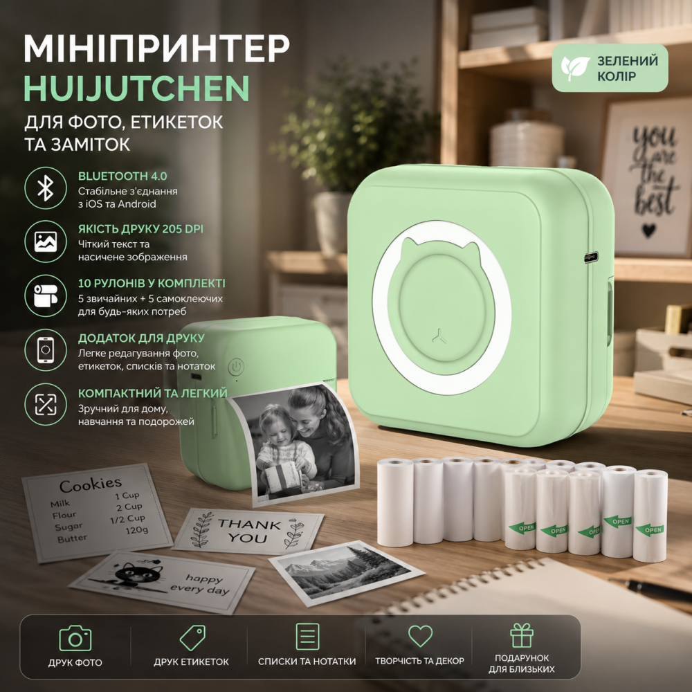 Мініпринтер HUIJUTCHEN Bluetooth 4.0, 205 DPI, для фото та етикеток, iOS/Android, 10 рулонів, зелений Київ - фото 9