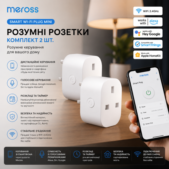 Комплект Розумні розетки Meross Smart Wi-Fi Plug Mini 2 шт. з підтримкою Apple HomeKit Siri Alexa англійська вилка (White) Київ