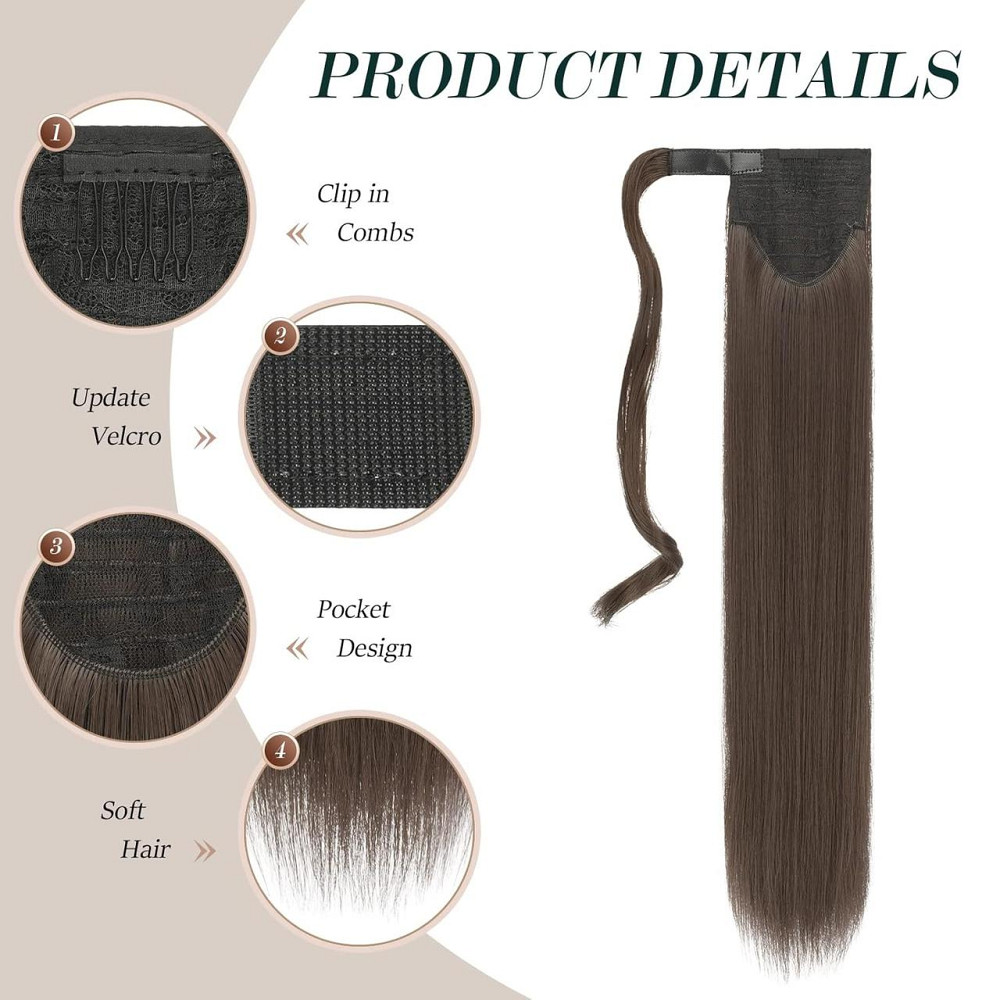 Накладний хвіст FESHFEN 60 см каштановий, штучне пряме коричневе волосся на кліпсі, колір 6/10H#, шиньйон синтетичний Київ - фото 3
