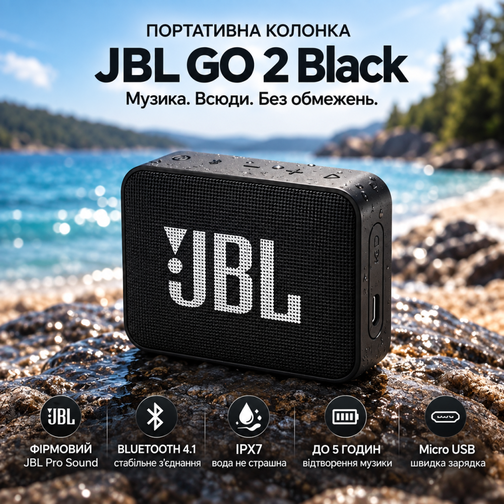Портативна колонка JBL GO 2 Black 3 Вт, Bluetooth 4.1, IPX7, до 5 год, AUX 3,5 мм, 730 мА·год, чорна Київ - фото 8