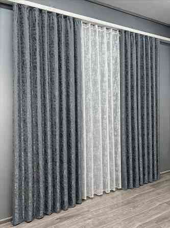 Комплект штор VR-Textil Льон Мармур 150х270 2шт і Тюль 500х270 1262ш-1400т Графітовий з білим 71-132/4 Київ