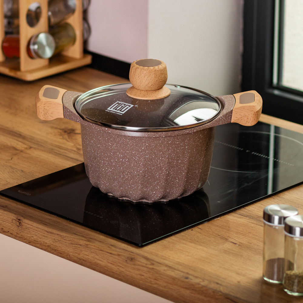 Алюминиевая кастрюля объемом 3 литра с крышкой Ø 20 см, мраморное антипригарное покрытие MGC кофейного цвета HP-4-432CO Киев - изображение 5
