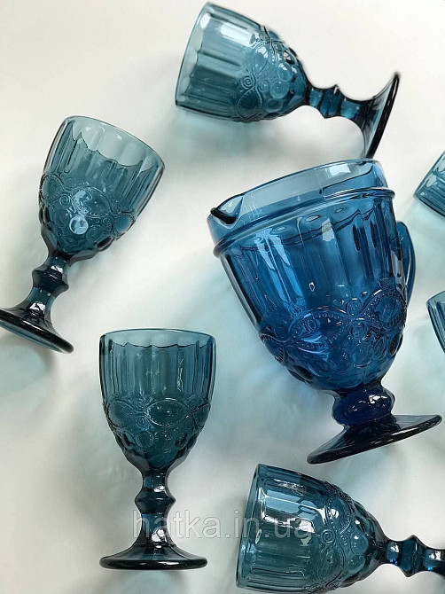Набір для напоїв 7 предметів 6 шт. келихів + графин 1 л «Вінтаж» 300 мл синій Київ - фото 7