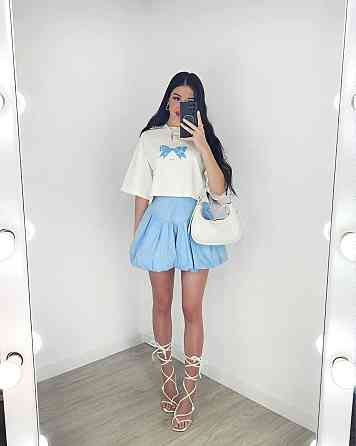 Женский летний романтичный костюм двойка: футболка и юбка турецкий кулир + коттон Голубой, 46/48 Одесса