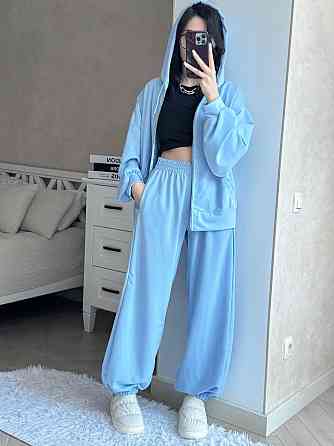 Жіночий прогулянковий оверсайз костюм-двійка: кофта та штани двонитка Блакитний Одеса