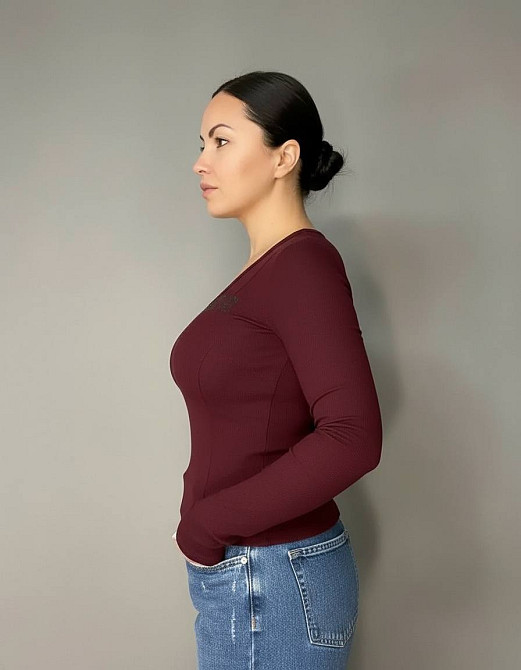 Лонгслів жіночий A-N 25079 рубчик реглан v-виріз з написом принт корсетні шви one size, бордовий, one size Київ - фото 14