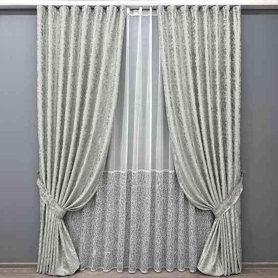 Комплект штор VR-Textil Льон Мармур 200х270 2шт і Тюль 500х270 1263ш-1672т Світло-сірий з білим 71-167/6 Київ