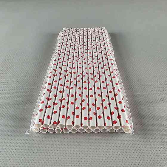 Соломка трубочка паперова Ø 5 мм 20 см "Горошок червоний" білий 25 шт (1 пачка) Харків
