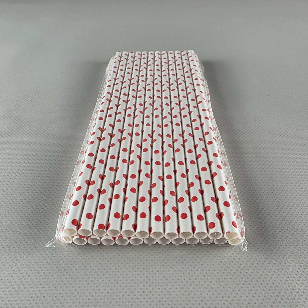 Соломка трубочка паперова Ø 5 мм 20 см "Горошок червоний" білий 25 шт (1 пачка) Харків - фото 2