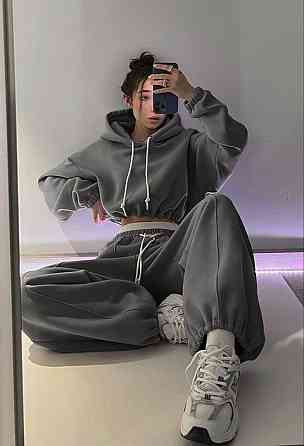 Женский утепленный стильный костюм двойка: худи и джоггеры трехнить на флисе Графит, 44/46 Одесса