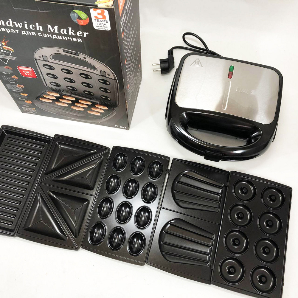 Бутербродниця зі змінними формами RAF R.541 6 в 1 850 Вт, Вафельниця зі змінними панелями гриль YL-13 Львів - фото 1