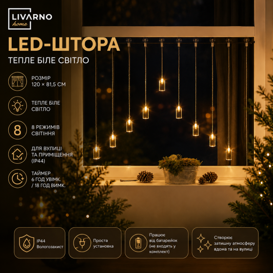 Светодиодная LED-штора LIVARNO home, 120×81,5 см, теплый белый свет, 8 режимов, IP44, таймер Киев