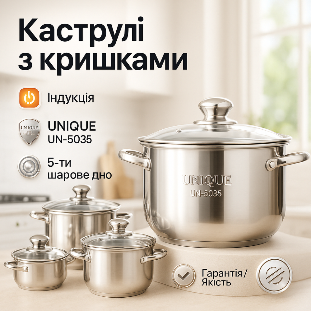 Набір посуду каструлі UNIQUE UN-5035, Каструля з нержавіючої сталі, Набір каструль з нержавіючої сталі EL-18 Львів - фото 16
