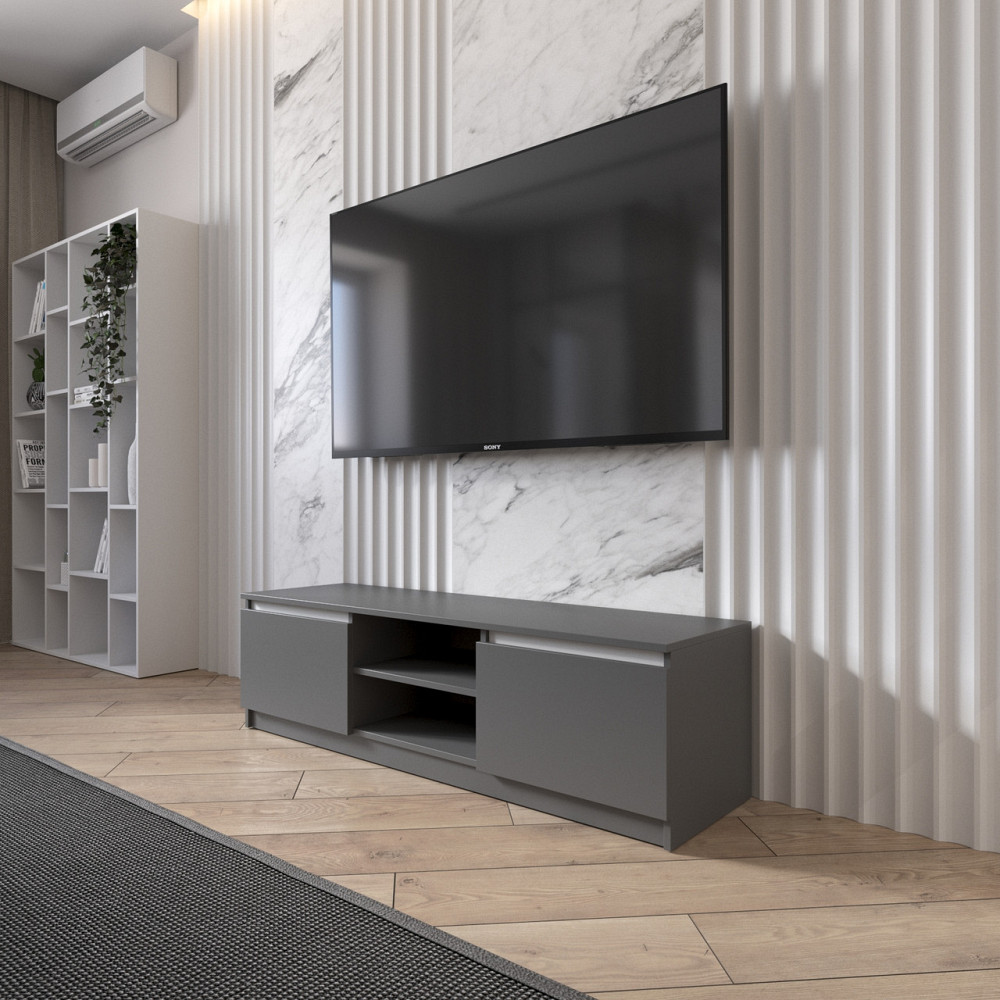Тумба под телевизор VAYS R-14 Антрацит-Белые планки, с открытой нишей, ЛДСП, 140×40×40 см – для гостиной и спальни, под ТВ Львов - изображение 1