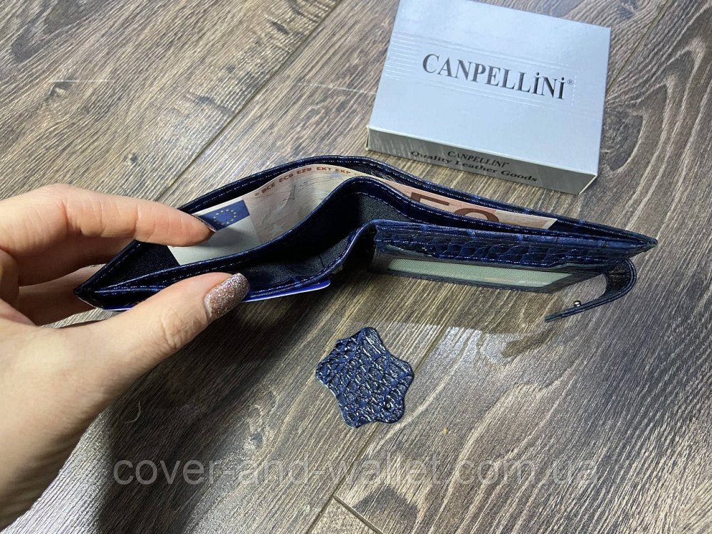Компактний чоловічий гаманець синього кольору із натуральної шкіри під рептилію Сanpellini Київ - фото 10