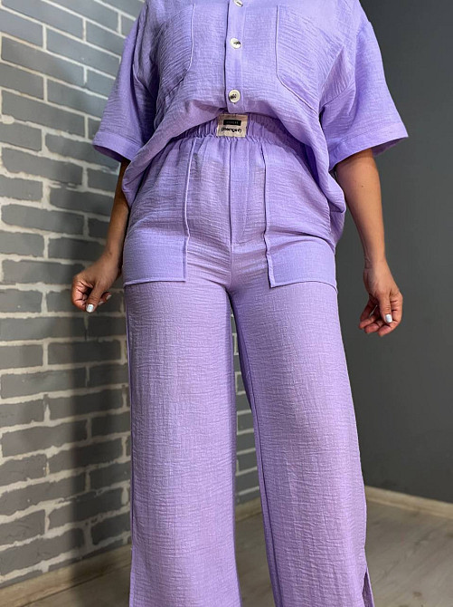 Костюм жіночий Mix Ray 4157 сорочка оверсайз брюки з розрізами побоках рівні від стегна бузковий, бузковий, M Київ - фото 4