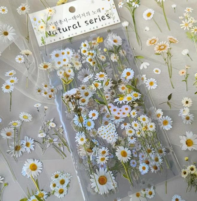 Глянцеві наклейки з квітами ромашки, 6 листів, самоклеючі ПВХ-стікери з блискучим покриттям для скра Київ - фото 1