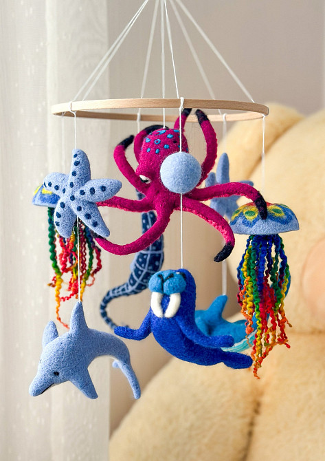 Дитячий мобіль на ліжечко для немовлят ручної роботи WooolyWool «Підводний світ» Київ - фото 2