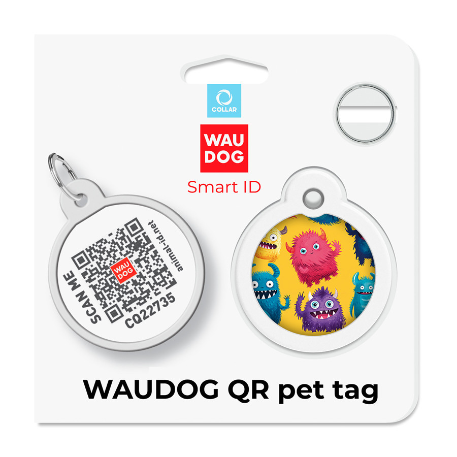 Адресник для собак і котів металевий WAUDOG Smart ID з QR паспортом, малюнок "Мохнаті монстри", коло, Д 30 мм Київ - фото 5