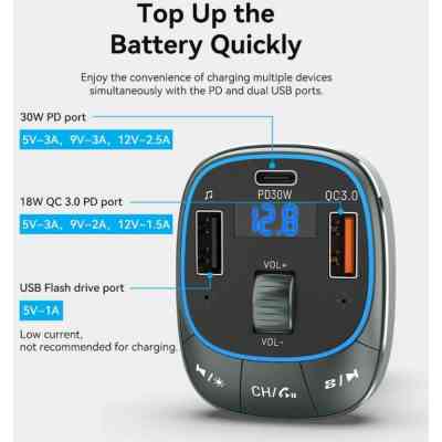 Автомобільний FM-трансміттер Vention PD 54W 3-Port USB (C+A+A) LED/USB Flash/Bluetooth, вольтметр Вінниця