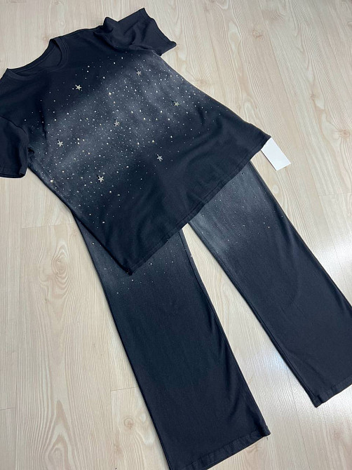 Костюм женский YUJIE YISHANG 7219 вареный тай дай футболка с брюками в камнях черный, черный, M Киев - изображение 8