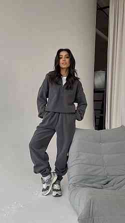 Жіночий стильний теплий флісовий костюм-двійка, двосторонній фліс. Графіт, 48/52 Одеса