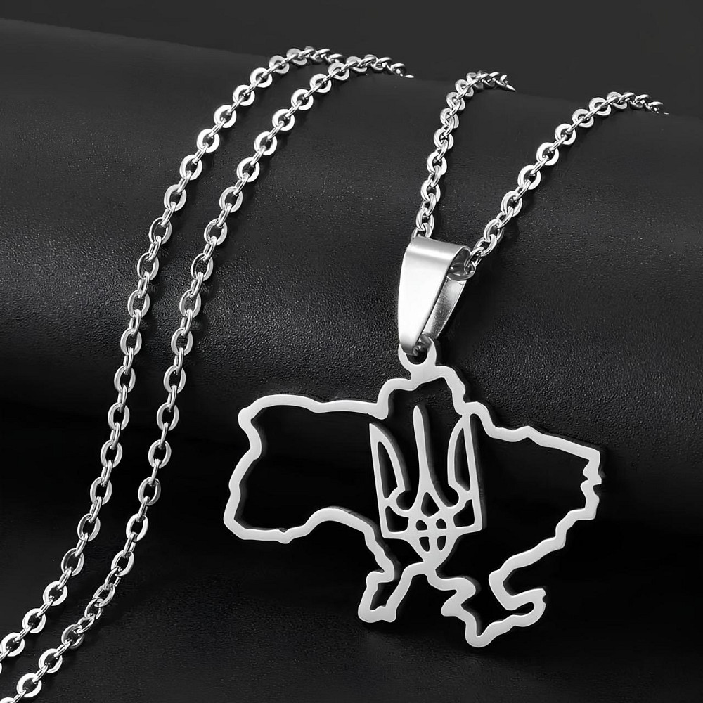 Кулон карта Украины с гербом RESTEQ серебряного цвета 60 см. Подвеска в форме Украинской карты с трезубцем. Металлический кулон Киев - изображение 1