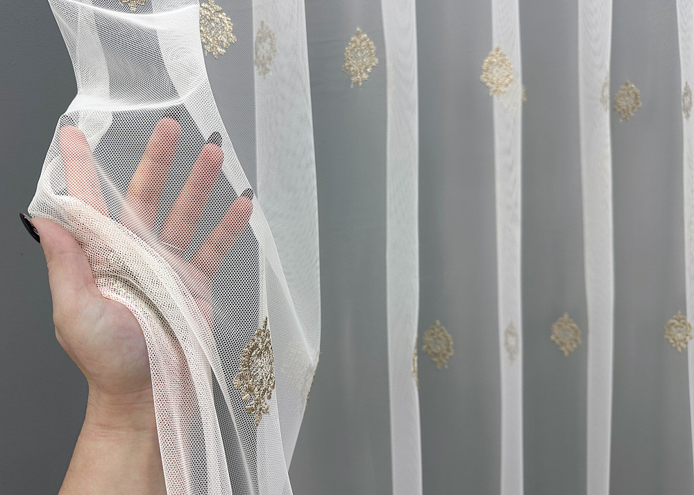 Тюль VR-Textil 1825т Грек-сетка с вышивкой и люрексом Молочный с капучино 300х270 см (40-171) Киев - изображение 4