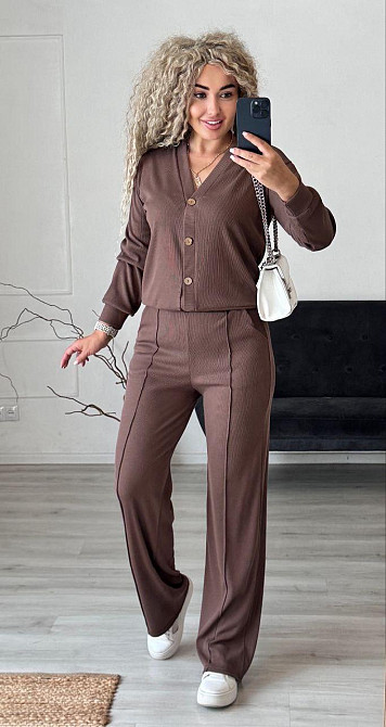 Женский стильный повседневный костюм двойка: кардиган на пуговицах + брюки трикотажный рубчик Мокко, 52/54 Одесса - изображение 4