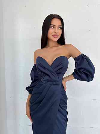 Женское роскошное вечернее платье со шлейфом и съемными рукавами из королевского атласа Темно-синий, S Одесса