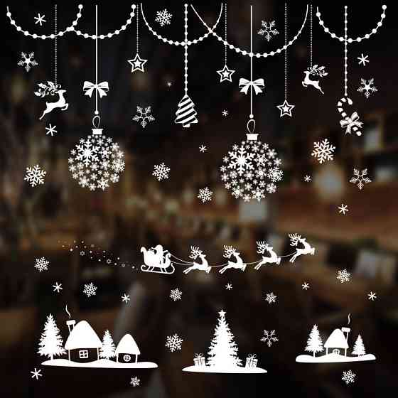 ННоворічні наклейки на вікна Олені кульки ялинки 50 на 70 см білий Київ