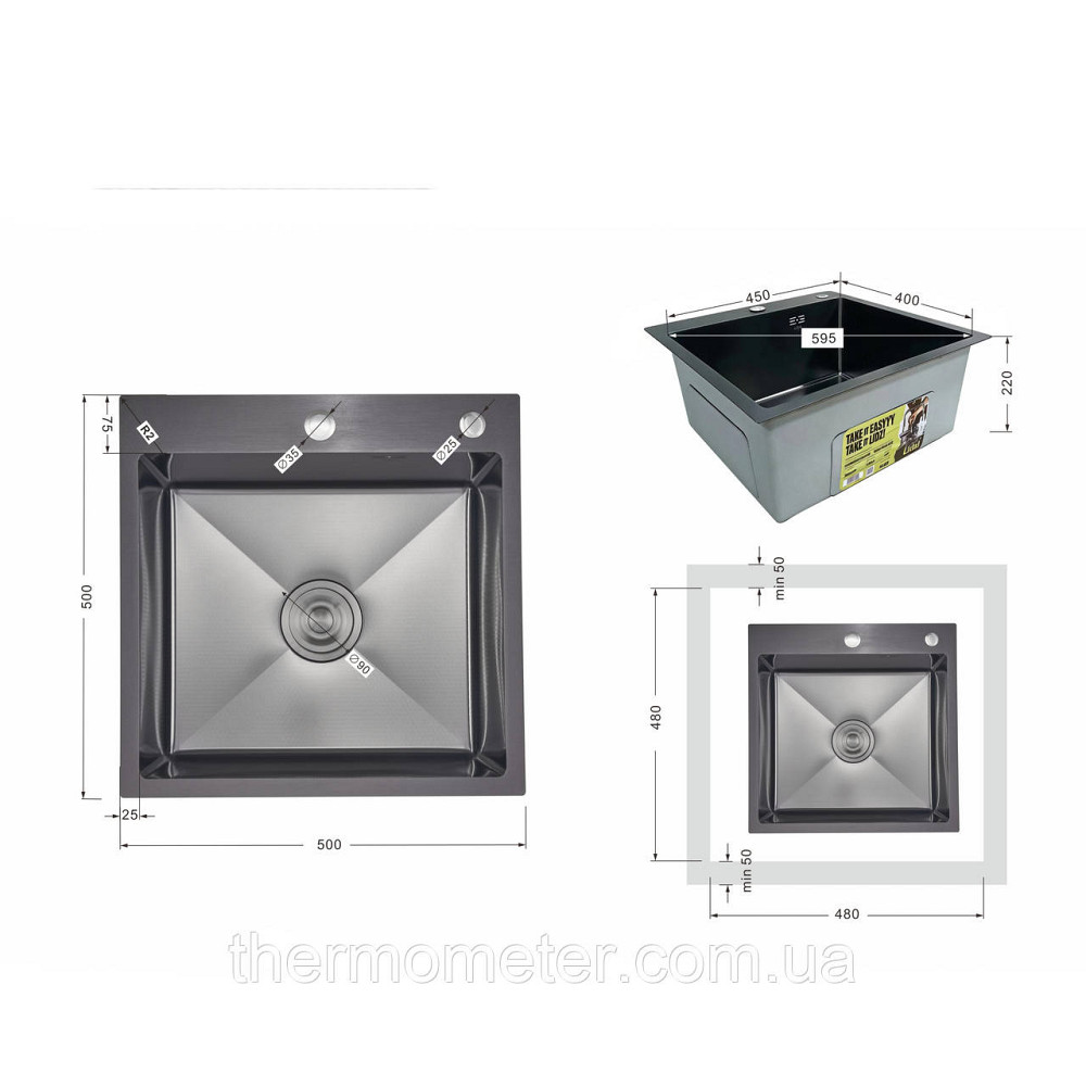 Lidz Handmade H5050HB Мойка для кухни интегрированная Decor Black PVD Honeycomb 2,5/0,5 мм LDH5050BDECPVD48369 Киев - изображение 2