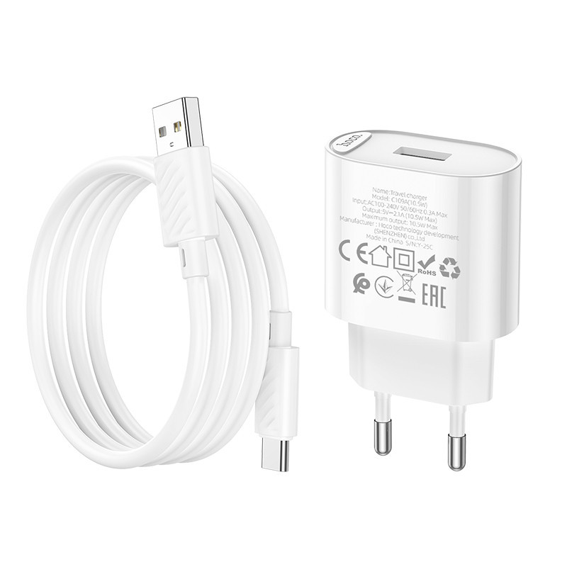 Сетевое зарядное устройство с кабелем HOCO C109A(10.5W) Fighter single port charger set(Type-C) White Одесса - изображение 7