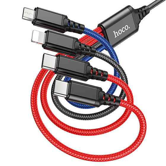 Кабель HOCO X76 USB to iP+Type-C+Type-C+Micro 2A, 1m, nylon, aluminum connectors Black+Red+Blue Киев