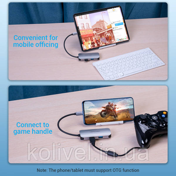 Хаб USB 3.1 Type-C -> 3хUSB 3.0/RJ45 Gigabit/PD 100W 5-in-1 Vention (TNFHB) Київ - фото 9